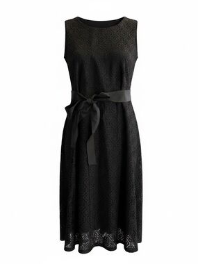 Talbots Black Lace Midi Dress with Satin Waist Tie